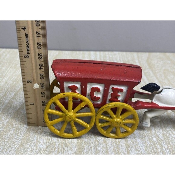 Vintage Cast Iron Horse Drawn Carriage Ice Cart Truck Wagon Toy Red White - Picture 8 of 9